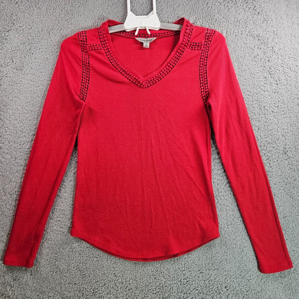 Lucky Brand Top Women Size Small Waffle Knit Crochet Trim Long Sleeve Red - S